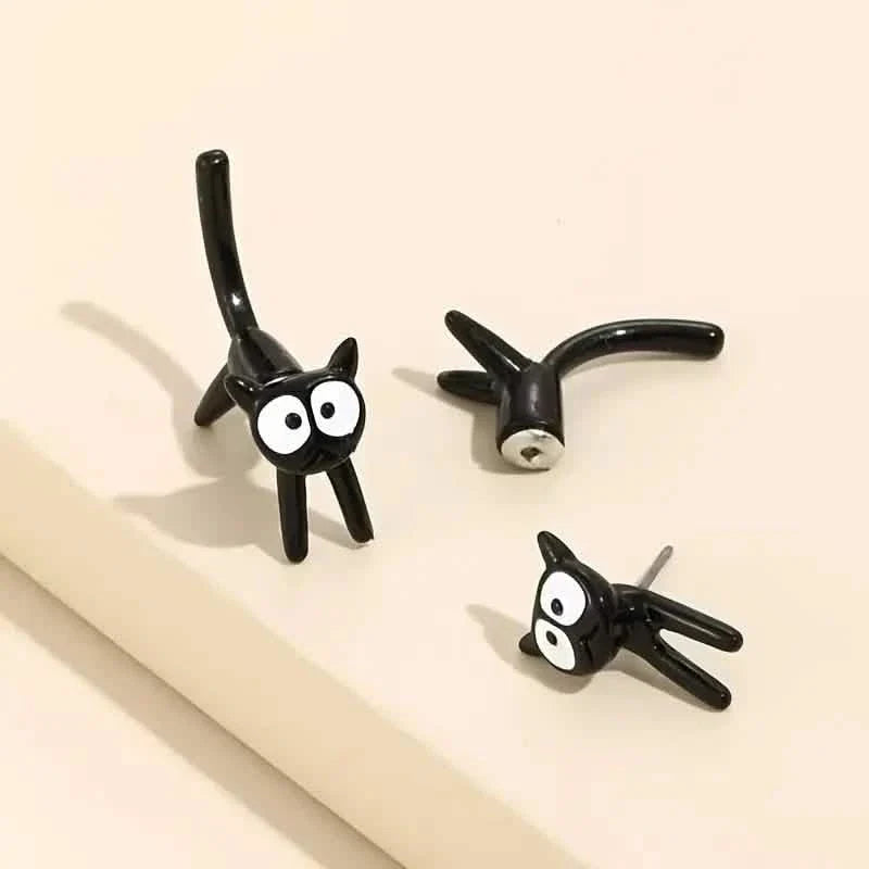 Black Cat Front And Back Stud Earrings For Women
