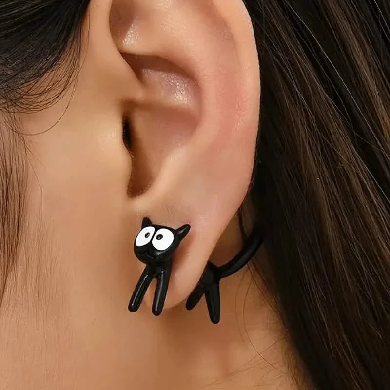 Black Cat Front And Back Stud Earrings For Women