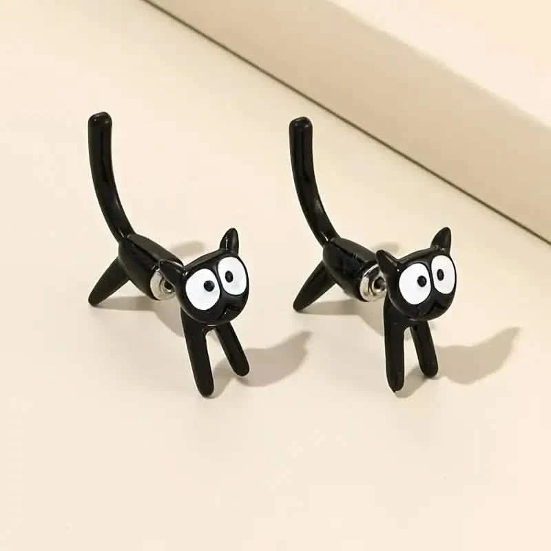 Black Cat Front And Back Stud Earrings For Women